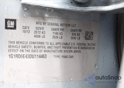 2013 Chevrolet Volt z USA, uszkodzony, nr VIN 1G1RD6E43DU114463